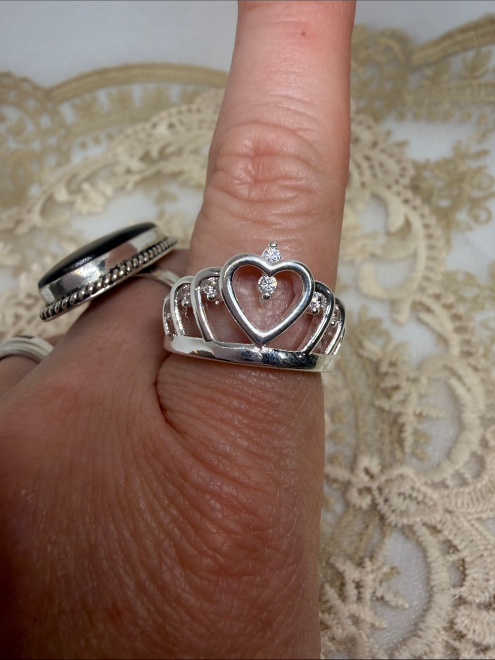 925 Sterling Silver Heart Crown Ring Size 8 w/ CZ Accents Princess Tiara
